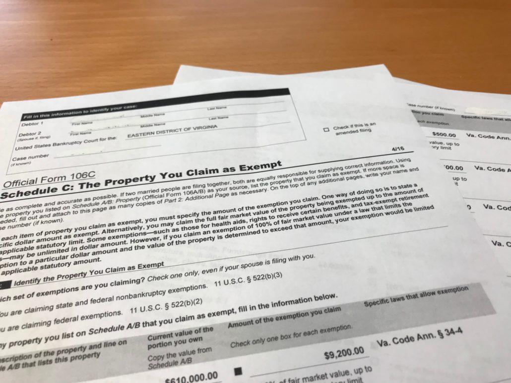 Schedule C: Property Exemptions -- this is the part of the bankruptcy schedules that state what bankruptcy exemptions a debtor is claiming. Virginia bankruptcy exemptions are fairly generous.