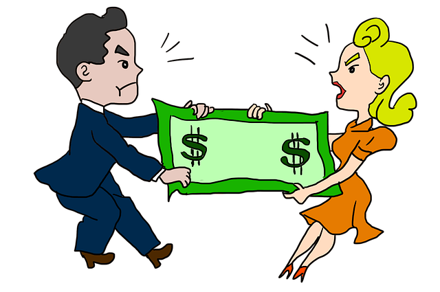 Divorced couple fighting over dollar bills