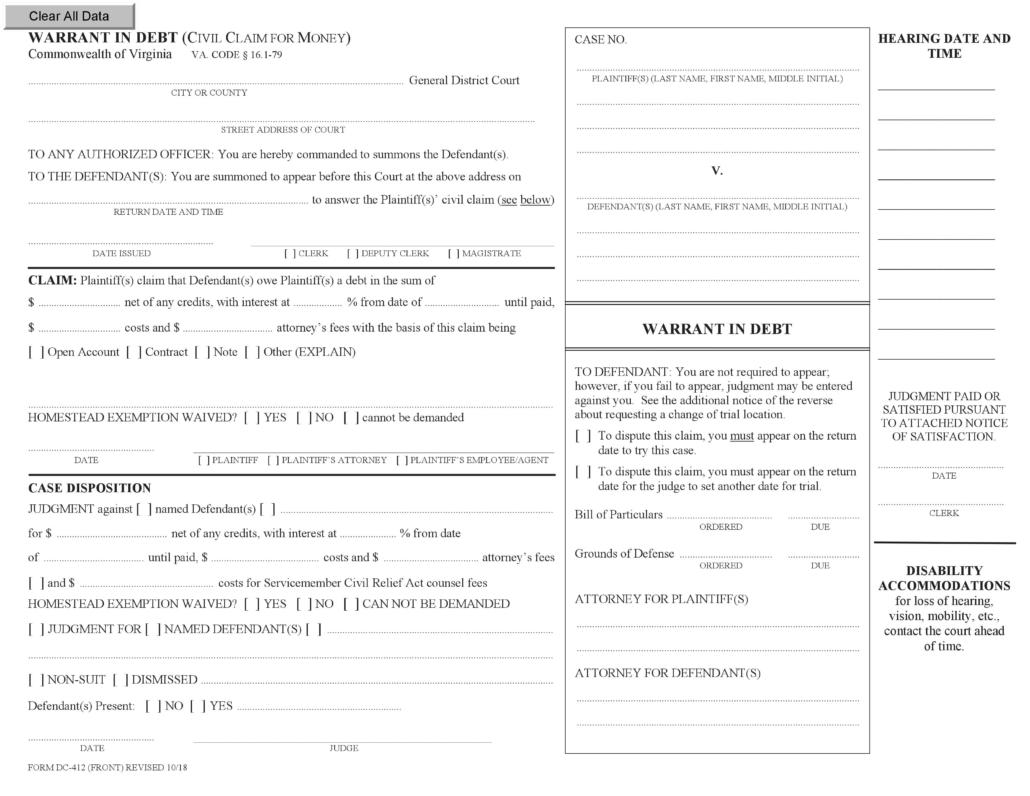 Warrant in Debt Template