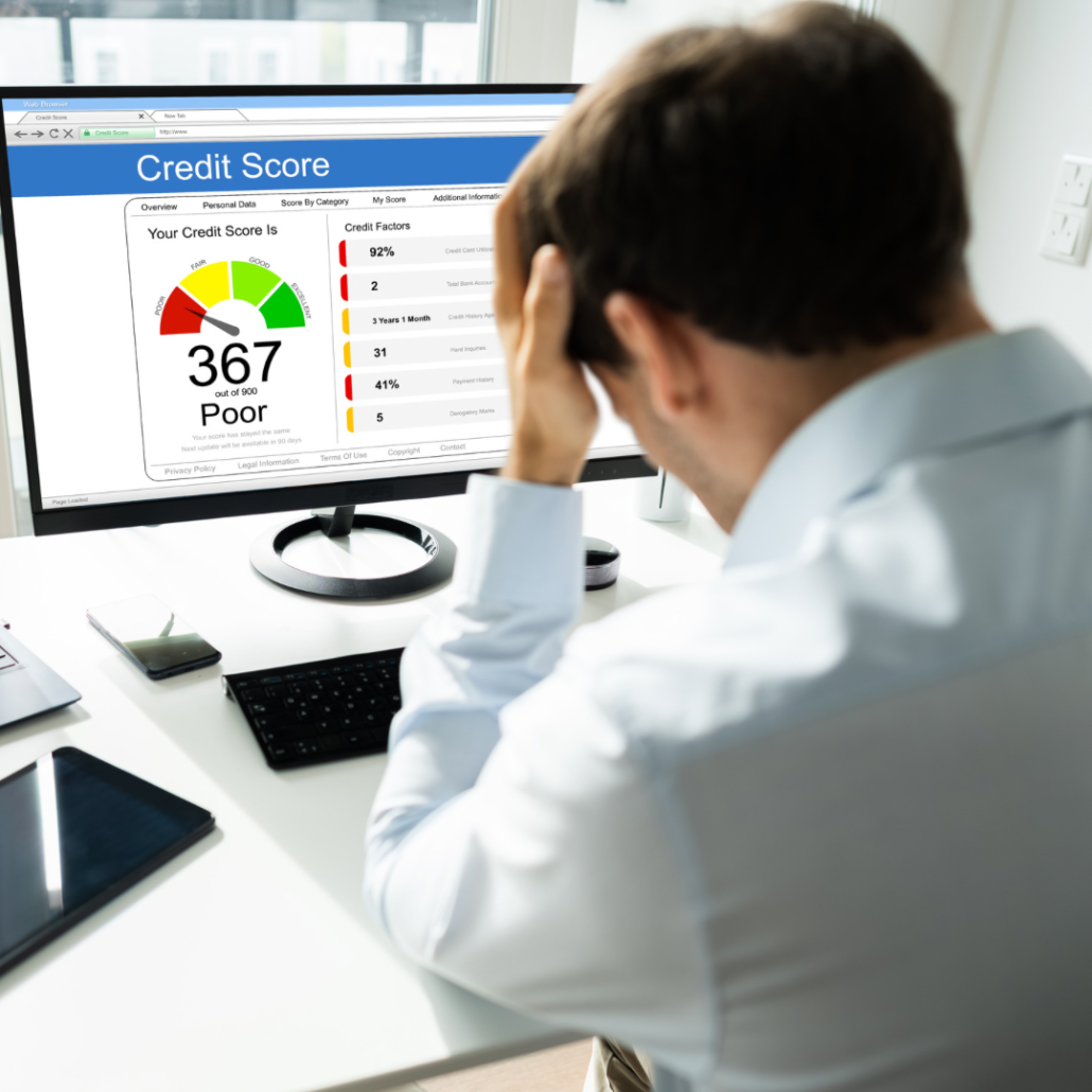 Someone looking at their credit score and being stressed out. If your credit is below average and you have substantial debt, you may consider filing bankruptcy. Many are showed that bankruptcy improves credit for many individuals; similarly, many people are shocked to see their credit score after bankruptcy.