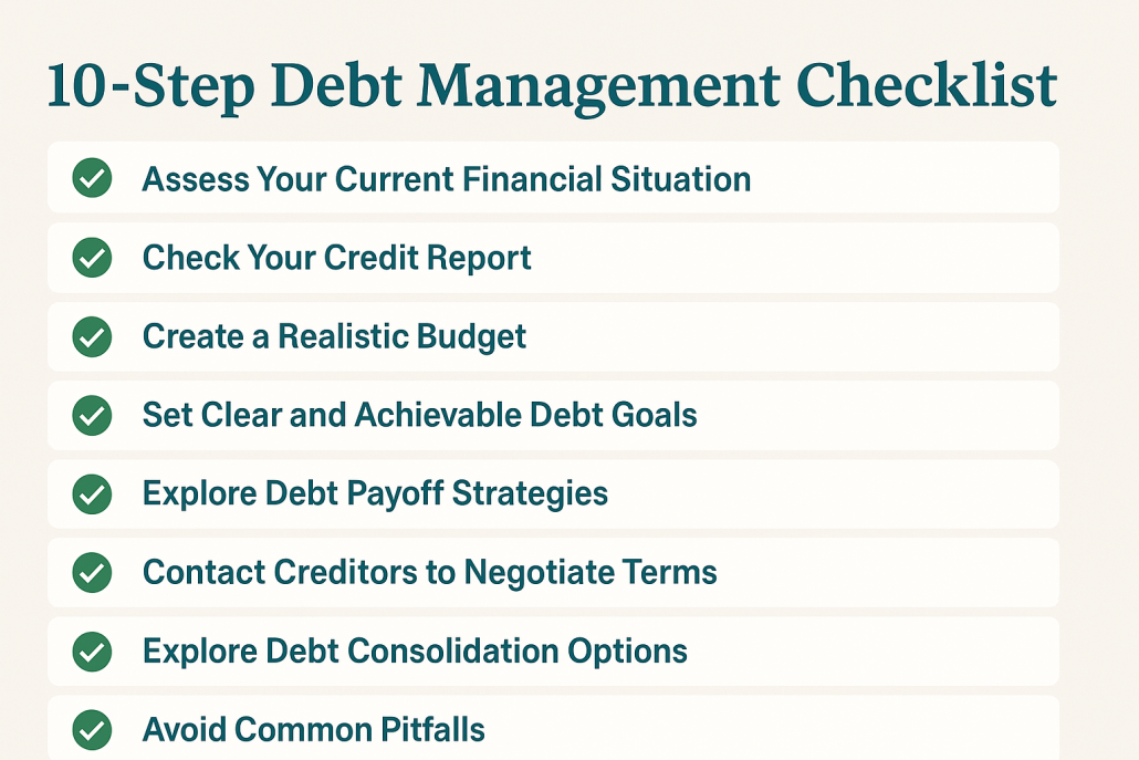 A horizontal 2D digital graphic highlighting the '10-Step Debt Management Checklist' with a clean layout, minimal text, and green checkmarks, set against a soft beige background.