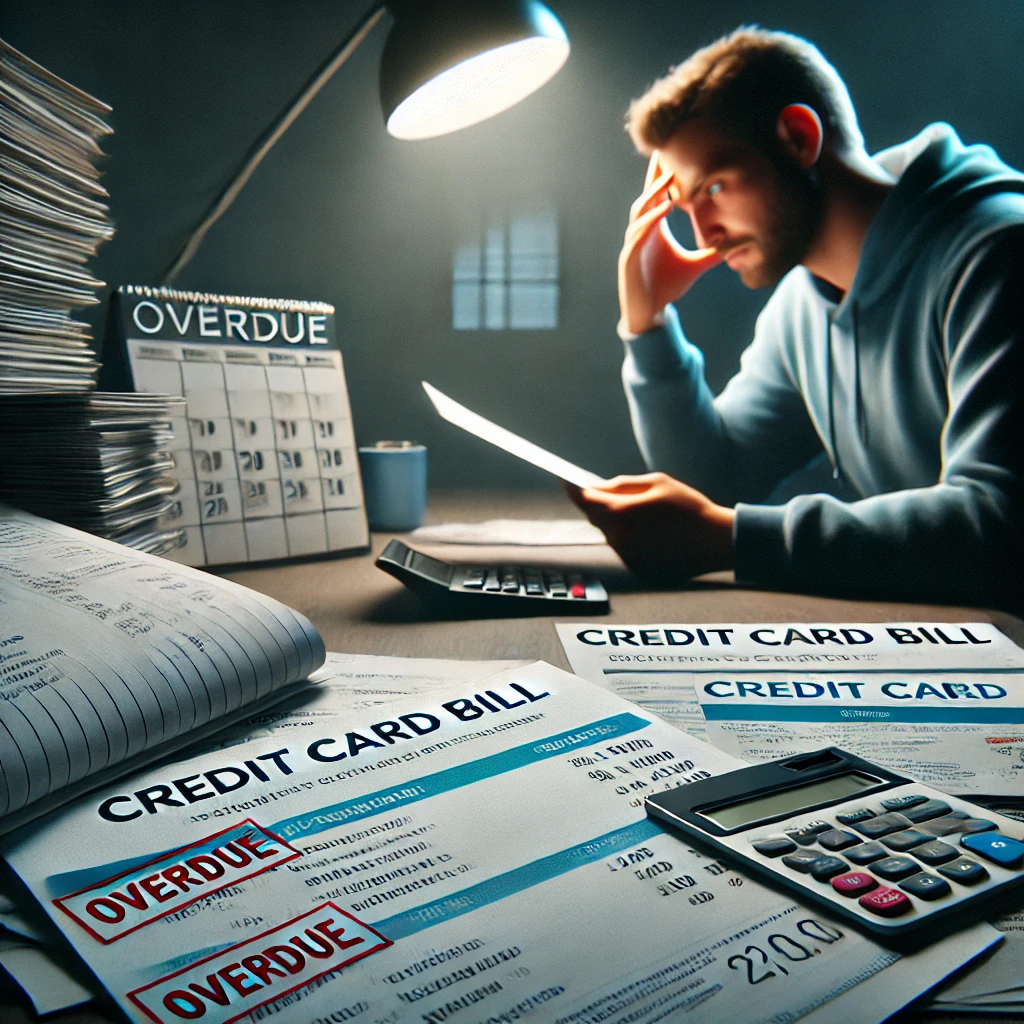 A stressed individual sits at a table reviewing credit card bills with overdue notices and a calculator in front of them. A notebook is open for budgeting, and a phone is nearby, indicating a call to the credit card company. The scene represents financial stress but also the effort to find solutions.