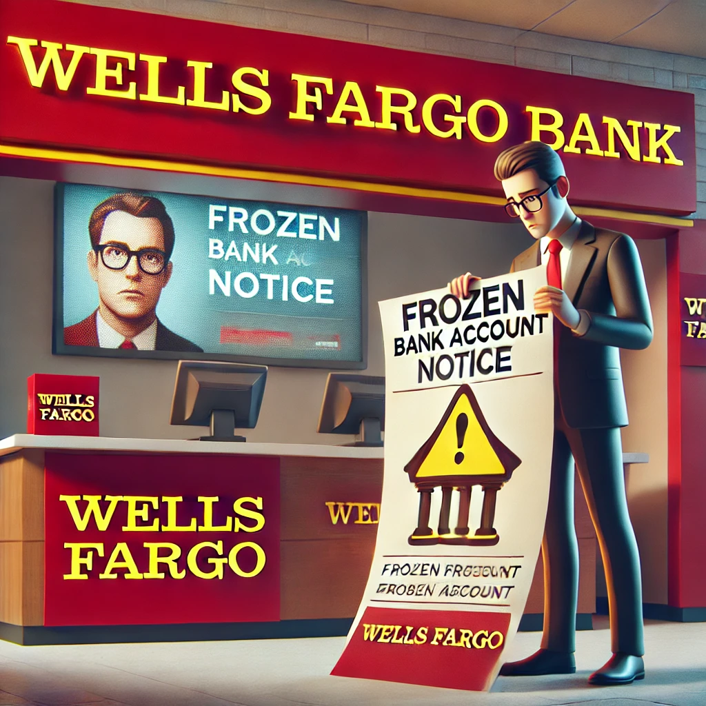 Frustrated bank customer holding a frozen account notice inside a Wells Fargo branch, with a financial warning displayed on a digital screen.
