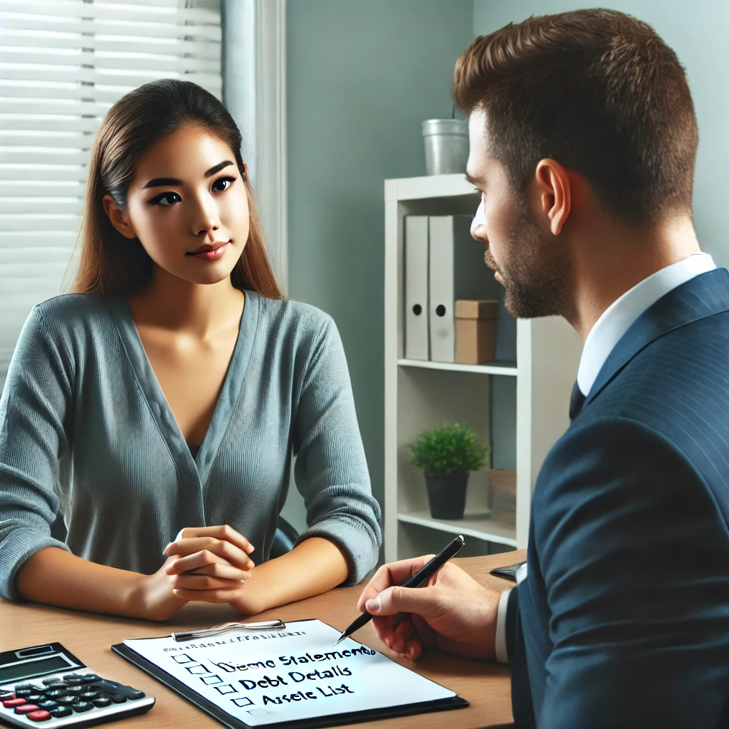 A professional and welcoming bankruptcy attorney consultation. A woman, looking slightly concerned but hopeful, sits across from a knowledgeable attorney in a well-lit office. The attorney is reviewing documents and explaining options in a reassuring manner. A checklist of key documents (income statements, debt details, asset list) is subtly visible on the desk. The atmosphere is calm and professional, emphasizing trust and expertise.