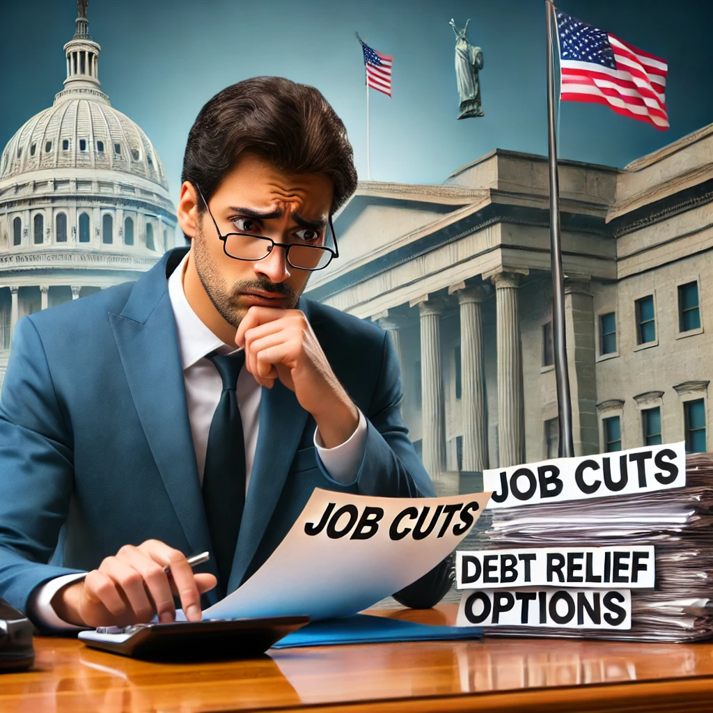 A concerned federal employee in professional attire sits at a desk, reviewing financial documents with a worried expression. A government building and a "Job Cuts" sign are visible in the background, symbolizing government job loss. The desk features a calculator and a laptop displaying "Debt Relief Options," emphasizing financial planning and bankruptcy considerations.
