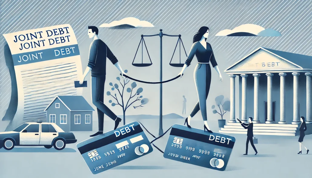 A conceptual illustration of joint debt and bankruptcy, showing two individuals connected by financial documents or credit cards. One person is walking toward a courthouse, symbolizing bankruptcy, while the other looks concerned.