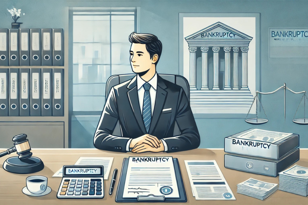 A professional illustration of a bankruptcy trustee reviewing financial documents at a desk, with legal paperwork, a calculator, and a laptop. The background features a courtroom or legal office setting, symbolizing the trustee's role in managing bankruptcy cases.