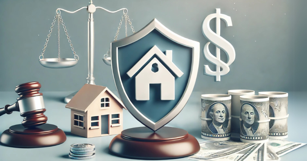 A professional illustration of asset protection in bankruptcy, featuring a shield symbol safeguarding a house, car, and money, with a subtle legal or financial background.