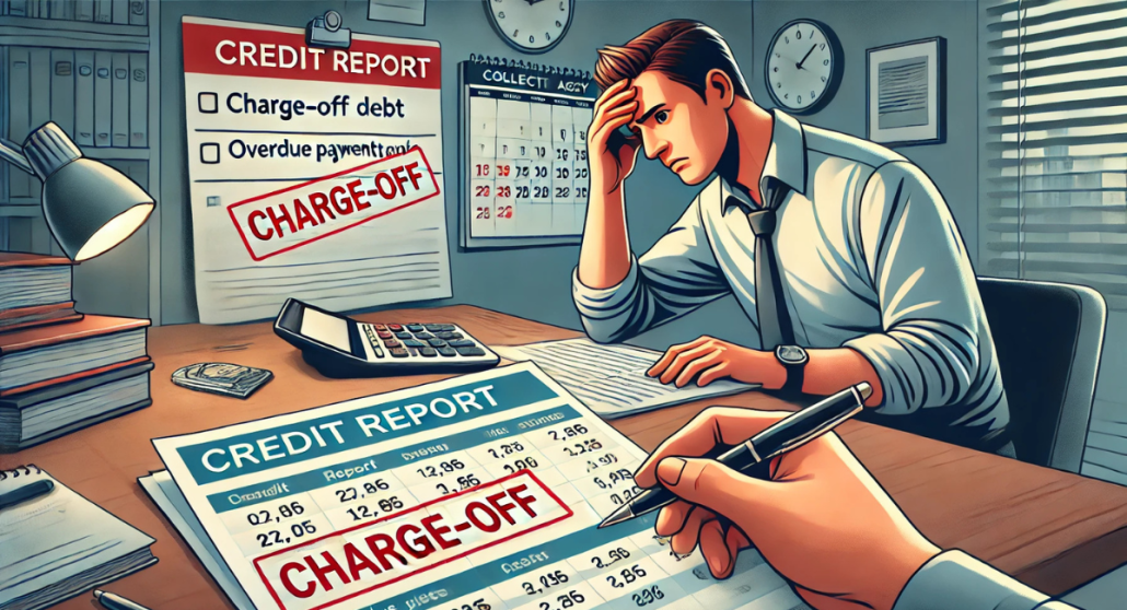 A worried person reviewing a credit report with a "Charge-Off" notice highlighted in red. The scene includes overdue payment reminders, a collection agency letter, and financial documents in a home office setting, illustrating financial stress related to charged-off debt.