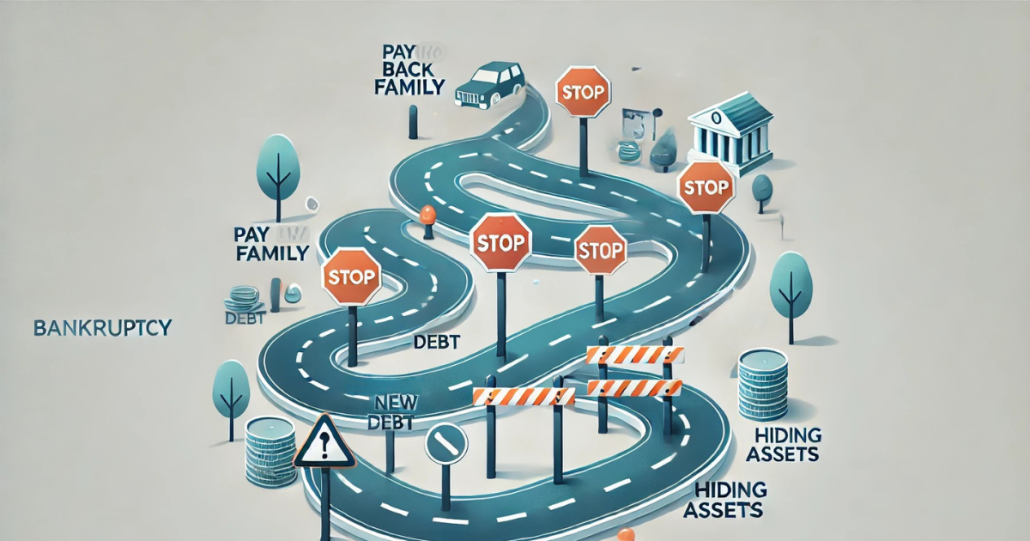 A professional illustration of a winding road with roadblocks, caution signs, and barriers symbolizing financial pitfalls to avoid before filing bankruptcy. The design features visual warnings representing common mistakes such as repaying family, taking on new debt, or hiding assets, with a minimalistic and professional color scheme in blue and gray tones.