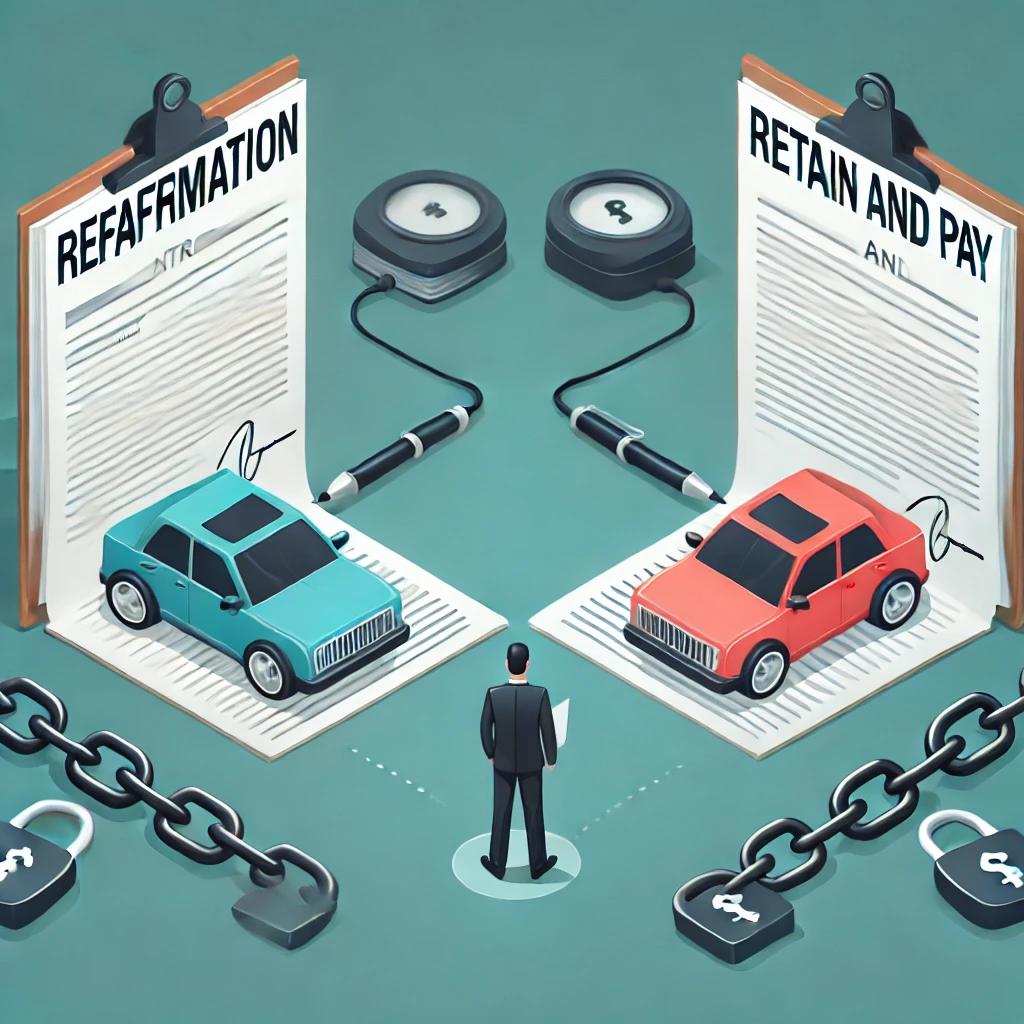Illustration of a person choosing between 'Reaffirmation' with a contract and chains, symbolizing financial risk, and 'Retain and Pay,' showing a free car, representing flexibility in bankruptcy.