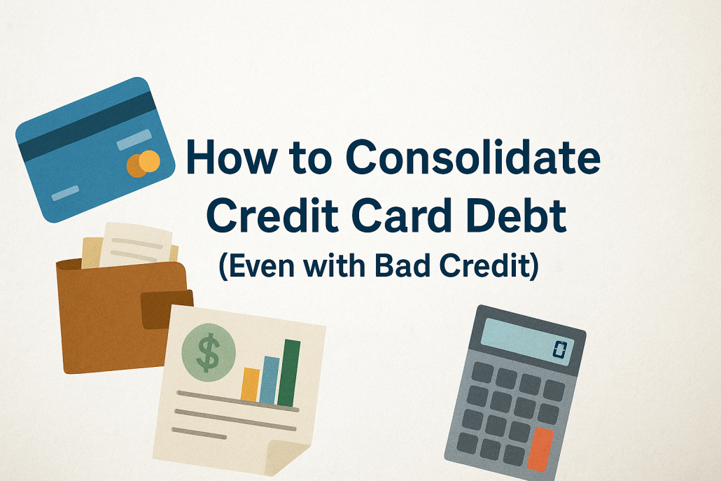 Graphic showing a credit card, wallet, financial chart, and calculator with the title 'How to Consolidate Credit Card Debt (Even with Bad Credit).