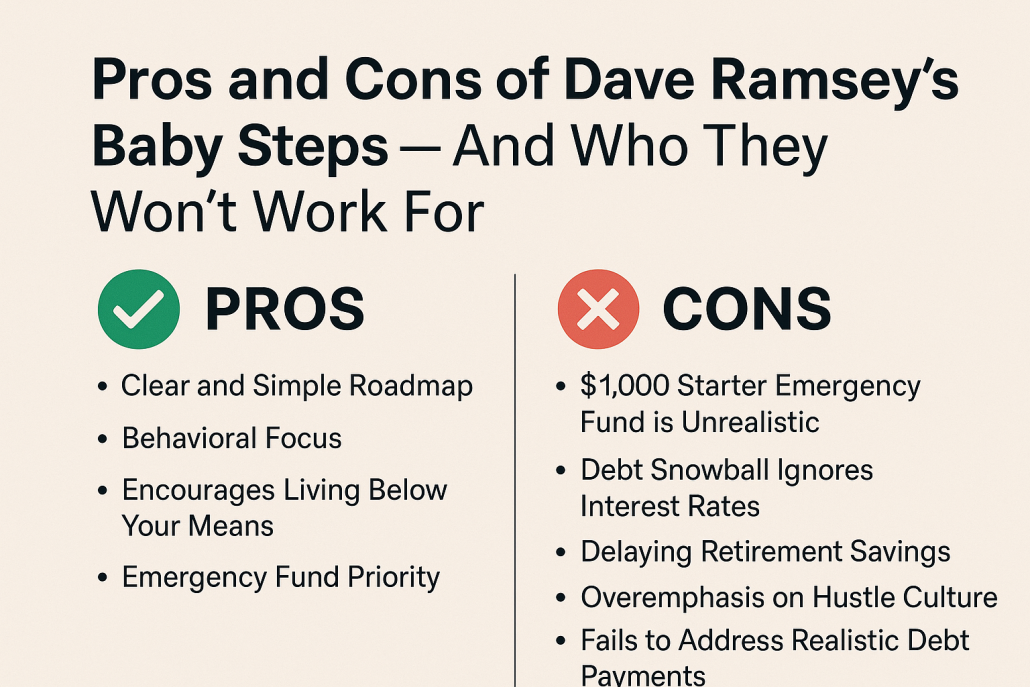 Infographic comparing the pros and cons of Dave Ramsey’s Baby Steps, including benefits like behavioral focus and drawbacks such as unrealistic emergency fund and delayed retirement savings.