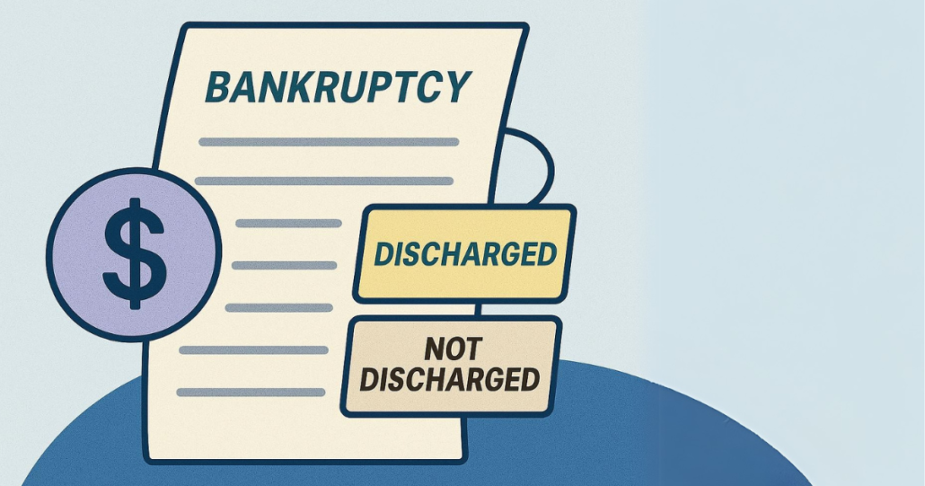 Illustration of a bankruptcy document with discharge tags and a dollar sign, representing how debts are treated differently in bankruptcy.