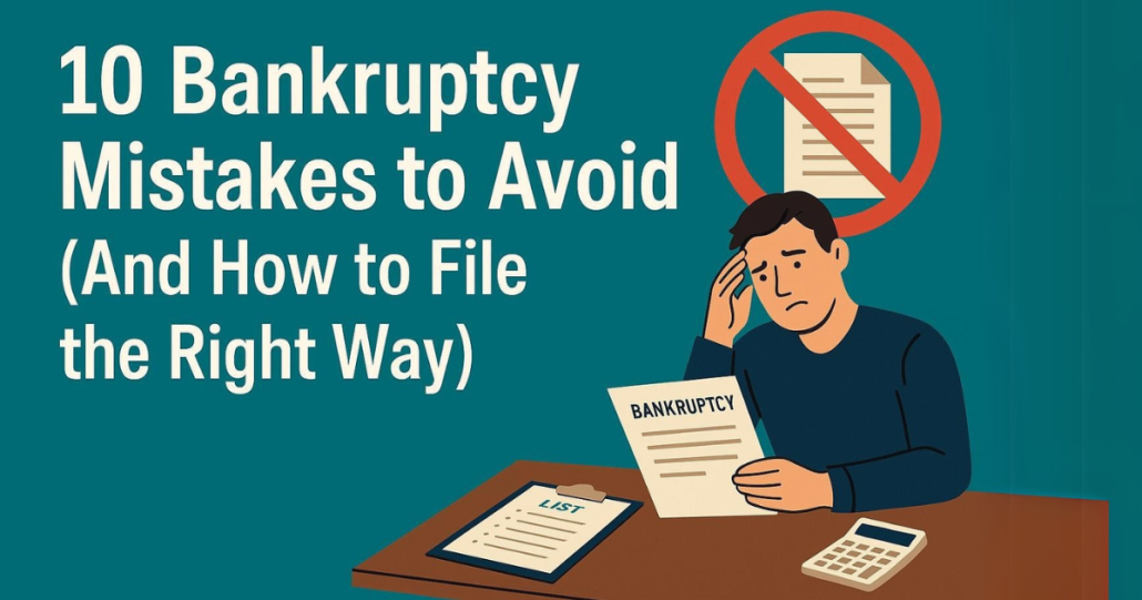 Illustration of a person holding a bankruptcy document with a prohibition symbol over it, alongside a list titled “10 Bankruptcy Mistakes to Avoid.” Financial icons and paperwork suggest common bankruptcy filing errors.
