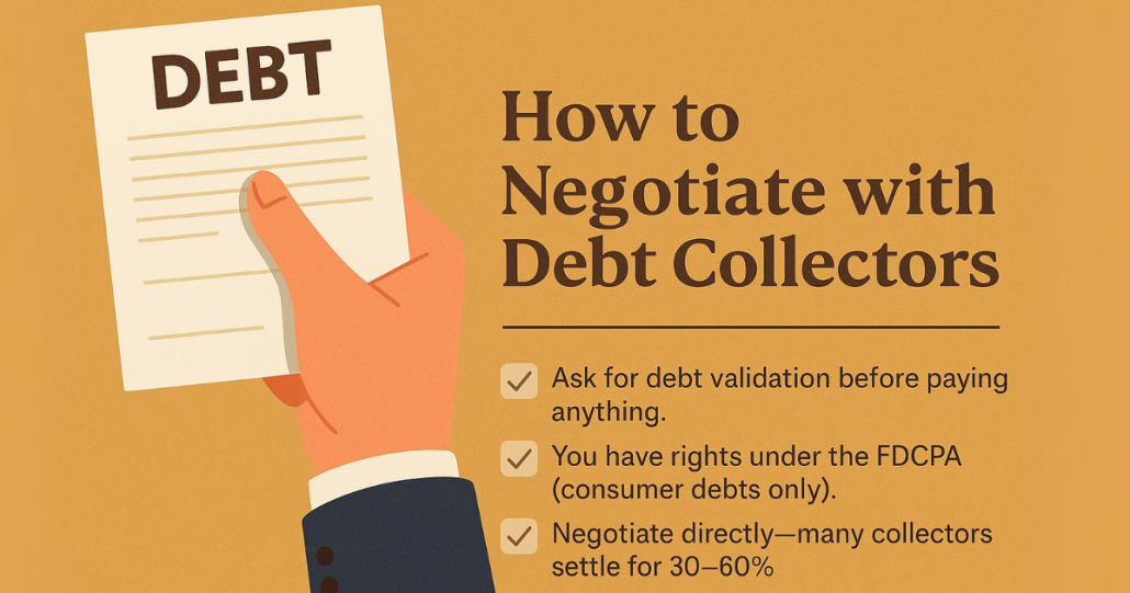 Illustration of a hand in a business suit holding a document labeled "DEBT," with the title "how to negotiate with debt collectors" and three negotiation tips displayed on a warm ochre background.
