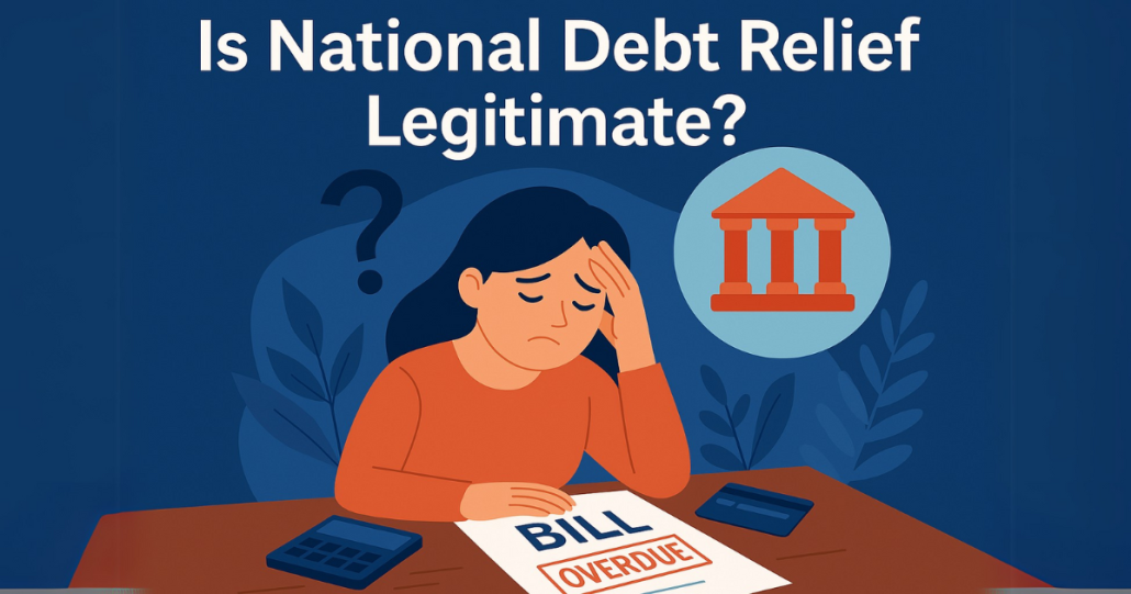 Illustration of a worried woman sitting at a table with an overdue bill, calculator, and credit card, symbolizing stress over debt settlement programs, with the text "Is National Debt Relief Legitimate?" above her.