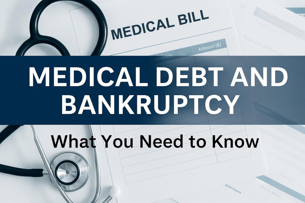 Informational graphic titled 'Medical Debt and Bankruptcy: What You Need to Know,' featuring a stethoscope, a medical bill, and healthcare documents on a clean blue background.
