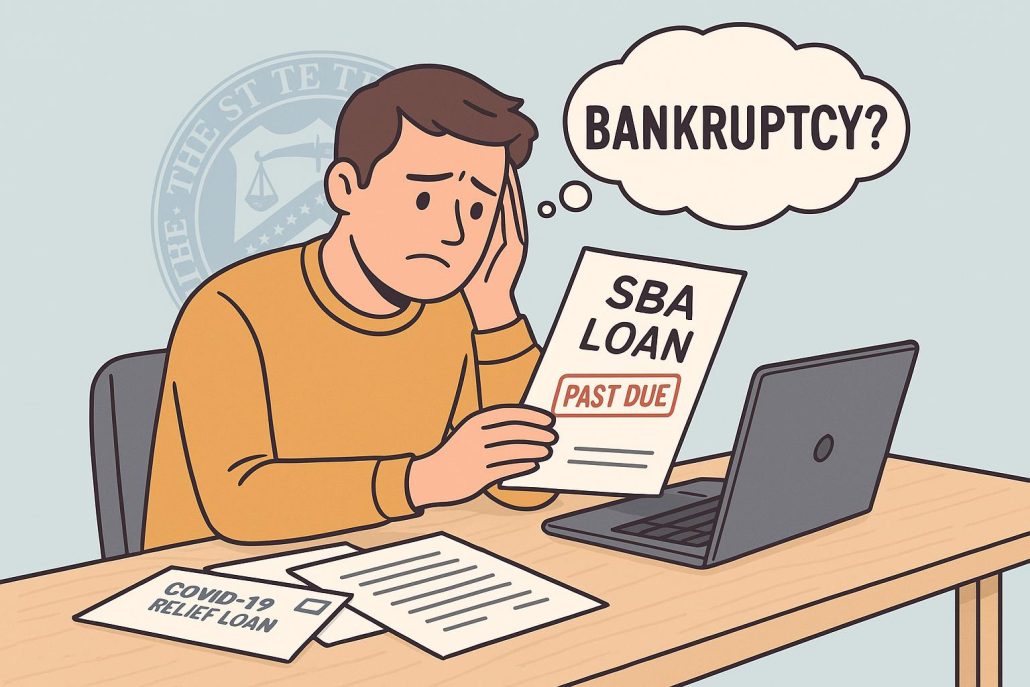 Illustration of a stressed small business owner sitting at a desk with an SBA loan past-due notice, surrounded by paperwork and a laptop, thinking about bankruptcy. A thought bubble reads “Bankruptcy?” and a faint U.S. Treasury seal is visible in the background.
