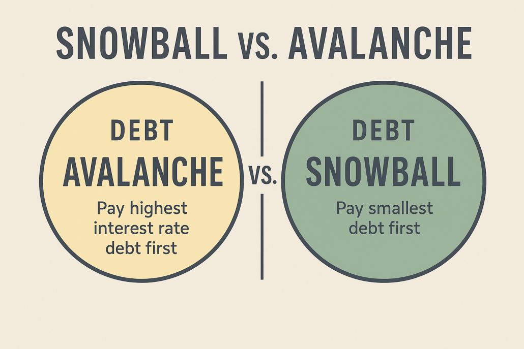 Infographic comparing debt avalanche and debt snowball repayment strategies. Avalanche pays highest-interest debt first; snowball pays smallest balance first.