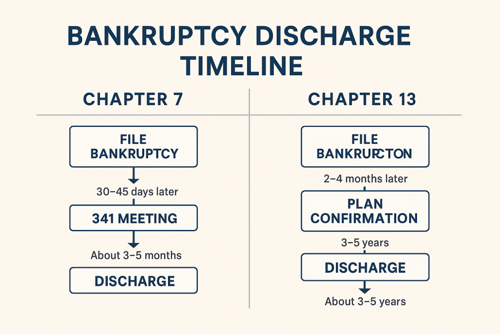 Infographic showing the bankruptcy discharge timeline for Chapter 7 and Chapter 13: Chapter 7 includes filing, a 341 meeting 30–45 days later, and discharge in about 3–5 months. Chapter 13 includes filing, plan confirmation in 2–4 months, and discharge after 3–5 years.