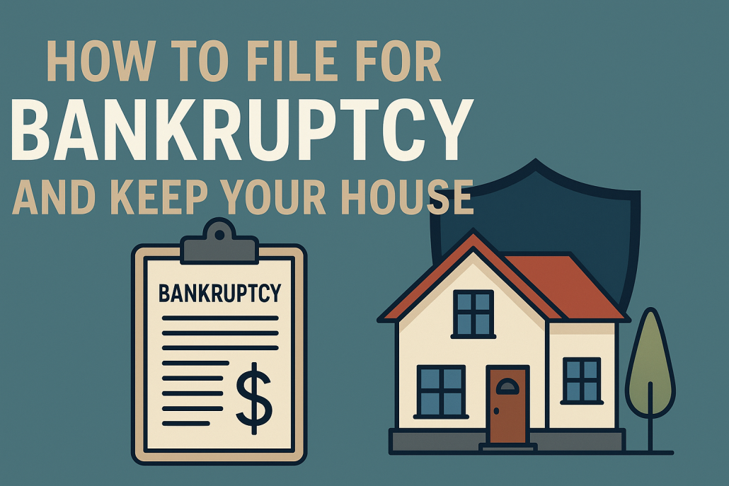 Horizontal graphic showing a house, a bankruptcy petition, and a protective shield with text: “How to file for bankruptcy and keep your house.”