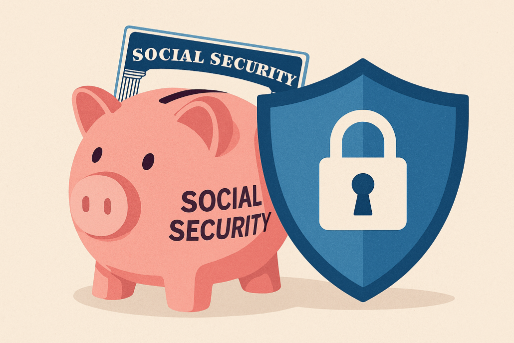 A pink piggy bank labeled "Social Security" with a Social Security card inserted and a blue shield with a lock symbol in front, representing protection from creditors.