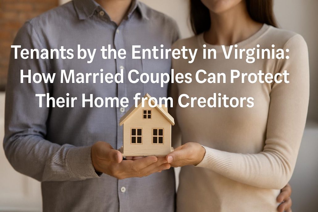 Married couple holding a small wooden house model, symbolizing home ownership and legal protection under tenants by the entirety in Virginia.
