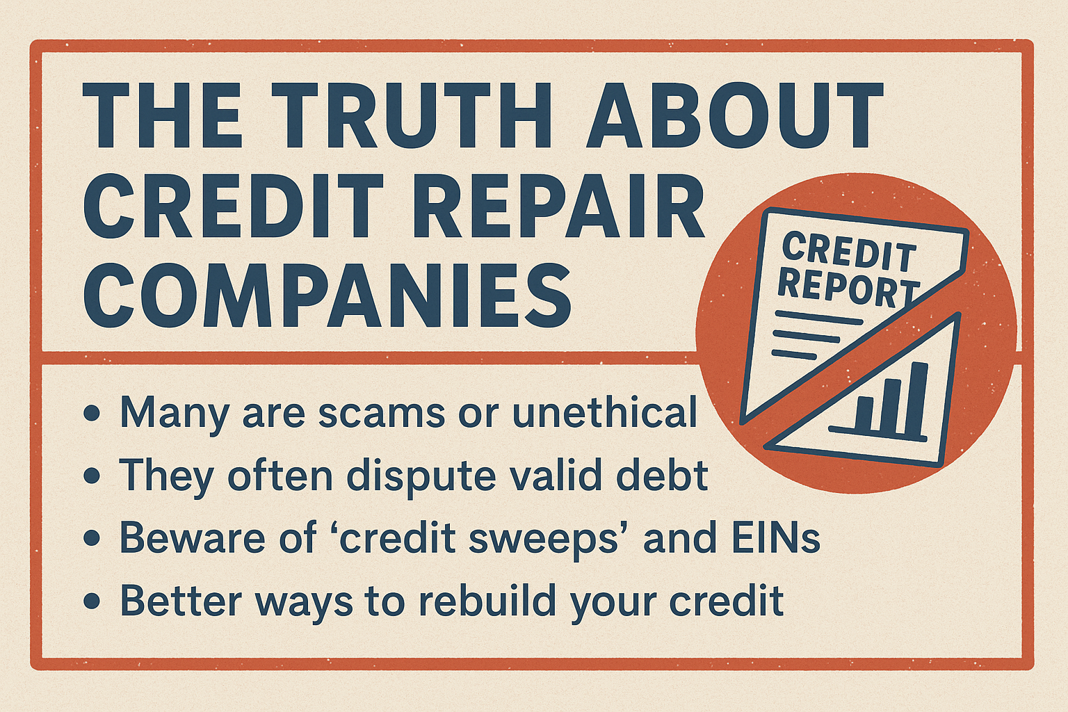 Graphic titled "The Truth About Credit Repair Companies" with a warning symbol and points about scams, disputed debt, and EIN misuse.