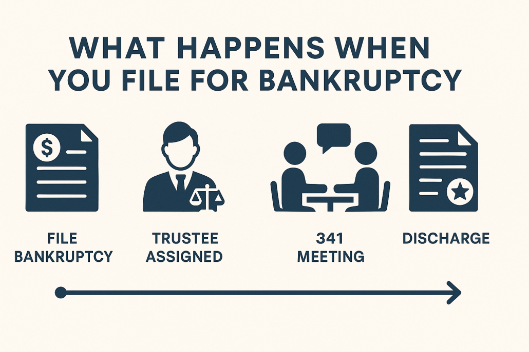 Horizontal infographic showing the bankruptcy process: File Bankruptcy, Trustee Assigned, 341 Meeting, and Discharge, each represented by an icon along a timeline.