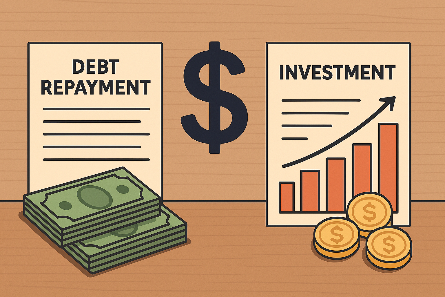 Illustration showing a choice between debt repayment and investment, with money and documents on each side of a dollar sign symbol.