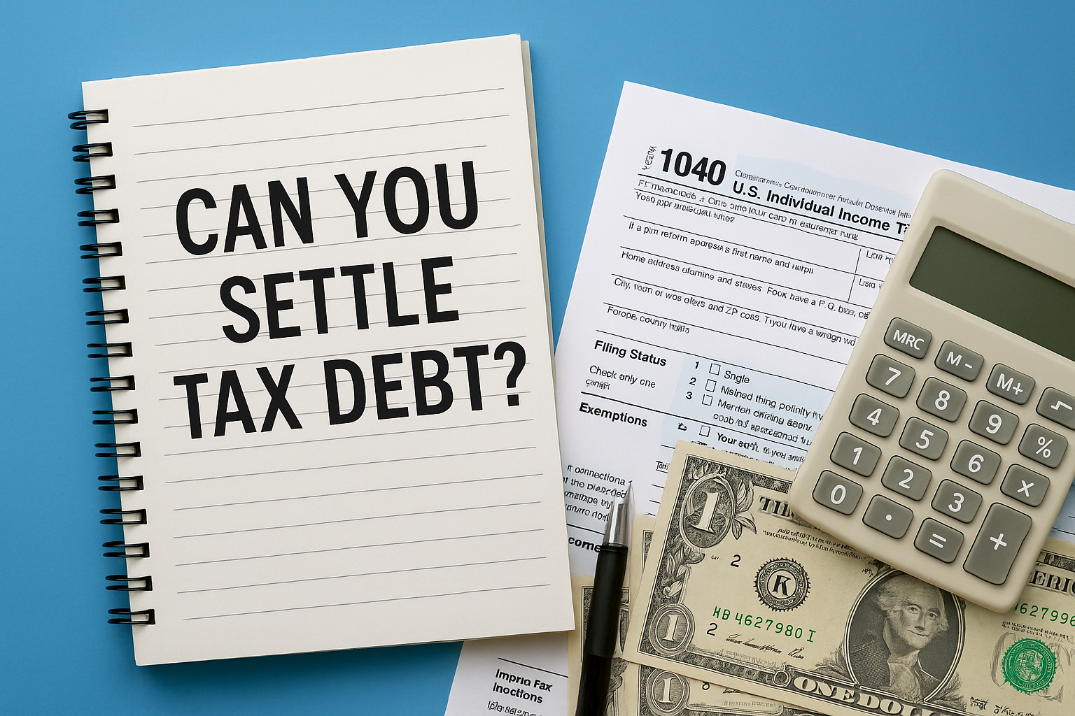 Notepad with the words “Can You Settle Tax Debt?” next to IRS Form 1040, calculator, pen, and dollar bills on a blue background.