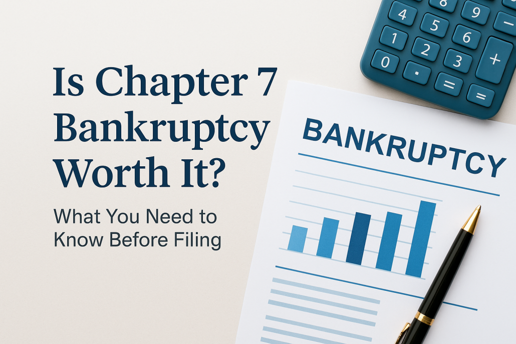 Flat lay image with the headline “Is Chapter 7 Bankruptcy Worth It?” alongside a bankruptcy report with a rising bar chart, a gold-and-black pen, and a blue calculator—conveying financial evaluation and debt relief considerations.