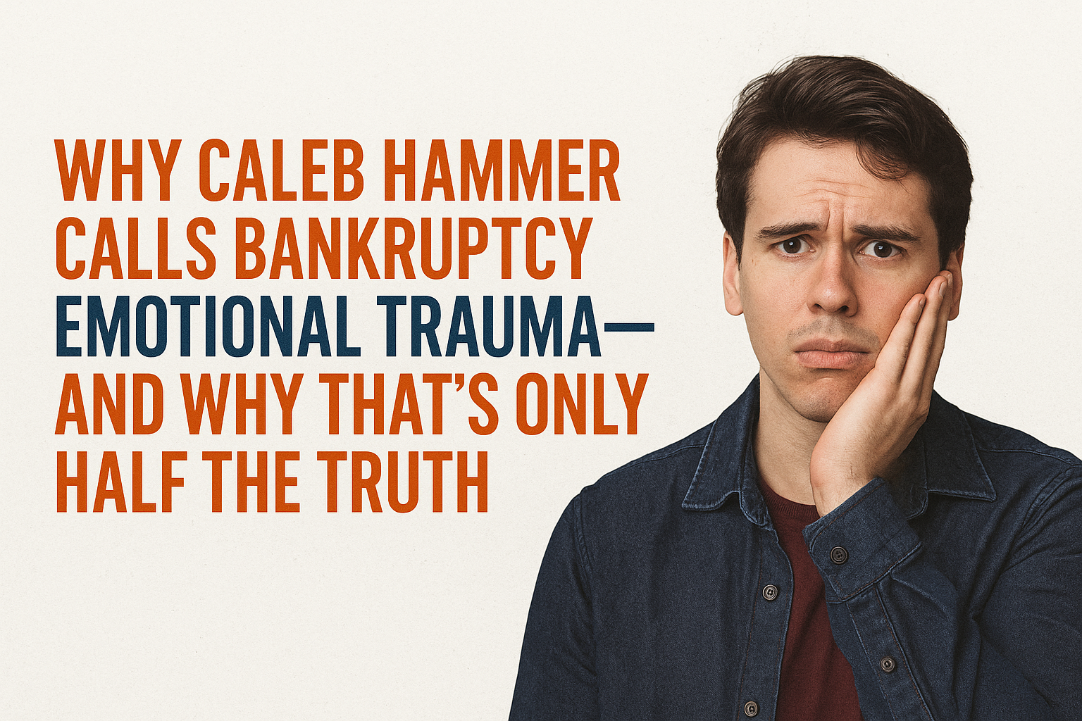 Worried man next to bold headline about Caleb Hammer calling bankruptcy emotional trauma, addressing misconceptions about bankruptcy's cost and emotional impact.