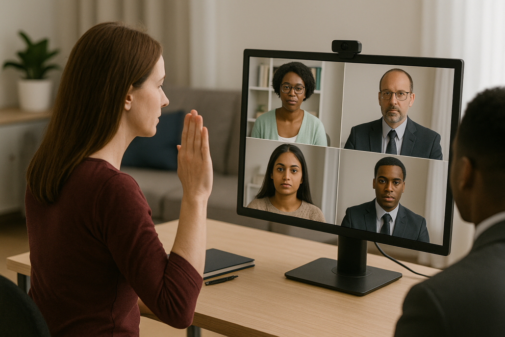 A woman sits at her desk participating in a virtual bankruptcy meeting with a trustee and diverse participants shown on her computer screen.
