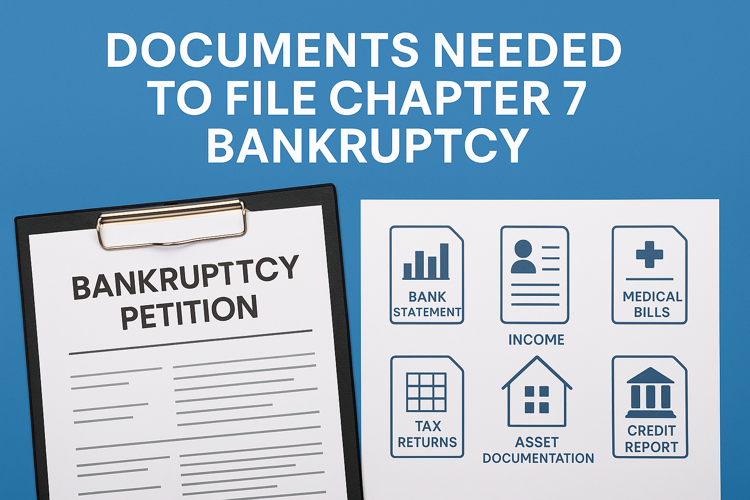 Graphic showing a bankruptcy petition and icons representing key documents needed for Chapter 7 bankruptcy: bank statements, income, medical bills, tax returns, asset documentation, and credit report.