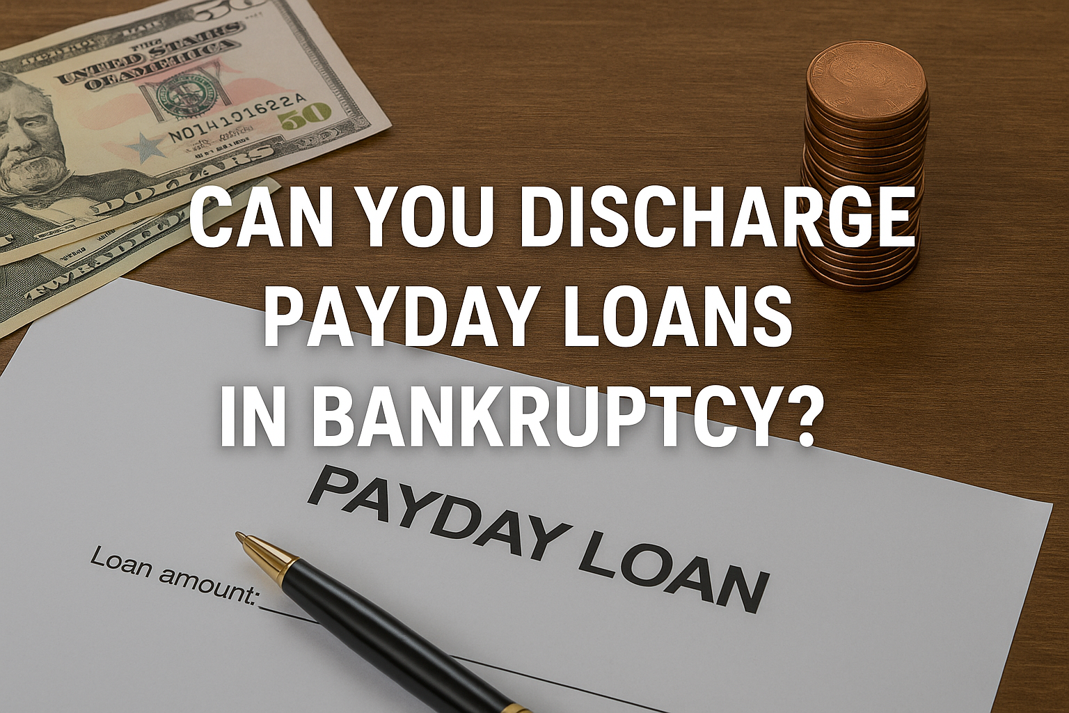 Payday loan document with money and coins on a desk, asking "Can You Discharge Payday Loans in Bankruptcy?"—highlighting the option to eliminate payday loan debt through bankruptcy.