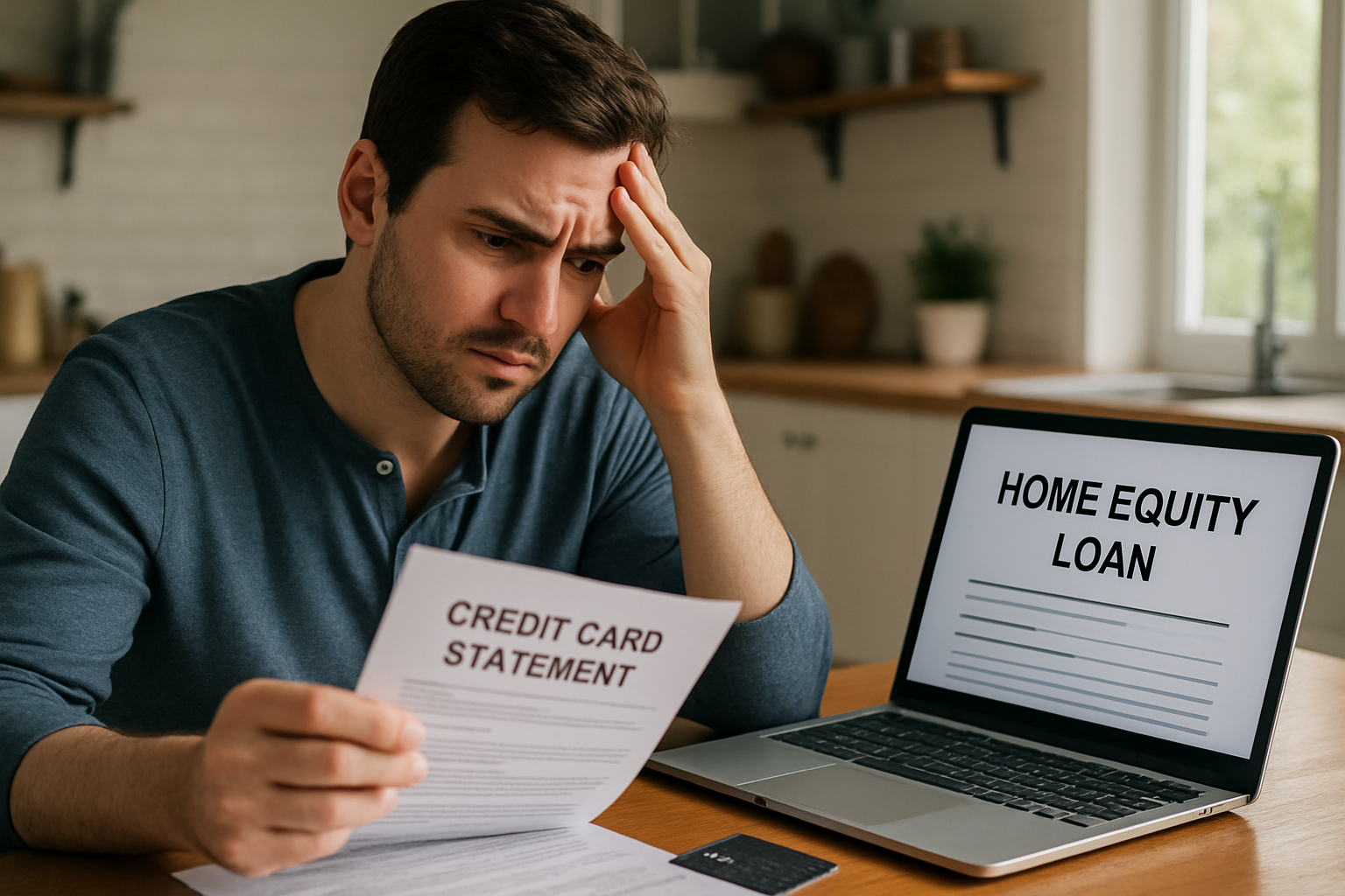 Homeowner reviewing credit card debt and considering a home equity line of credit.