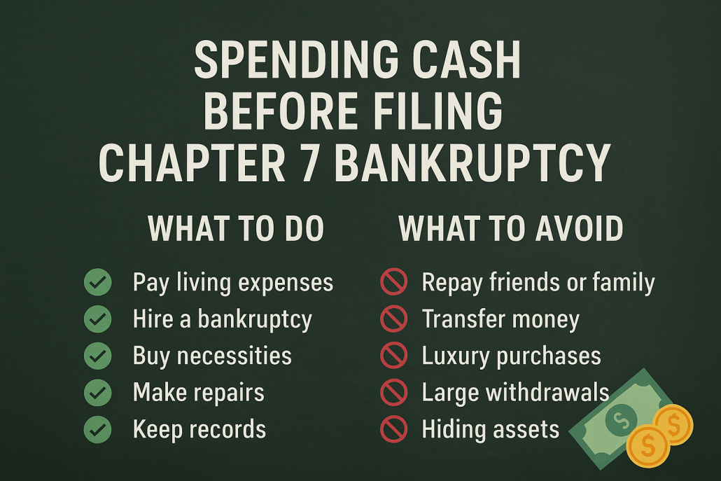 Infographic showing “Spending Cash Before Filing Chapter 7 Bankruptcy” with two columns: “What to Do” includes pay living expenses, hire a bankruptcy attorney, buy necessities, make repairs, and keep records; “What to Avoid” includes repaying friends or family, transferring money, luxury purchases, large withdrawals, and hiding assets.