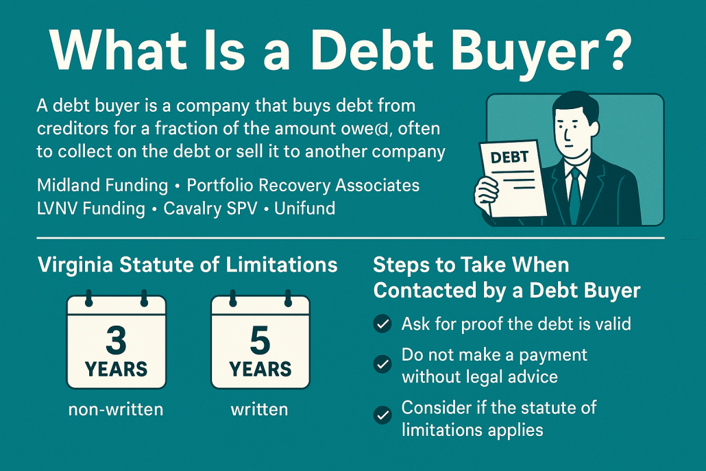 Horizontal infographic explaining what a debt buyer is, listing common companies, Virginia's 3-year and 5-year statute of limitations, and steps to take when contacted by a debt buyer.