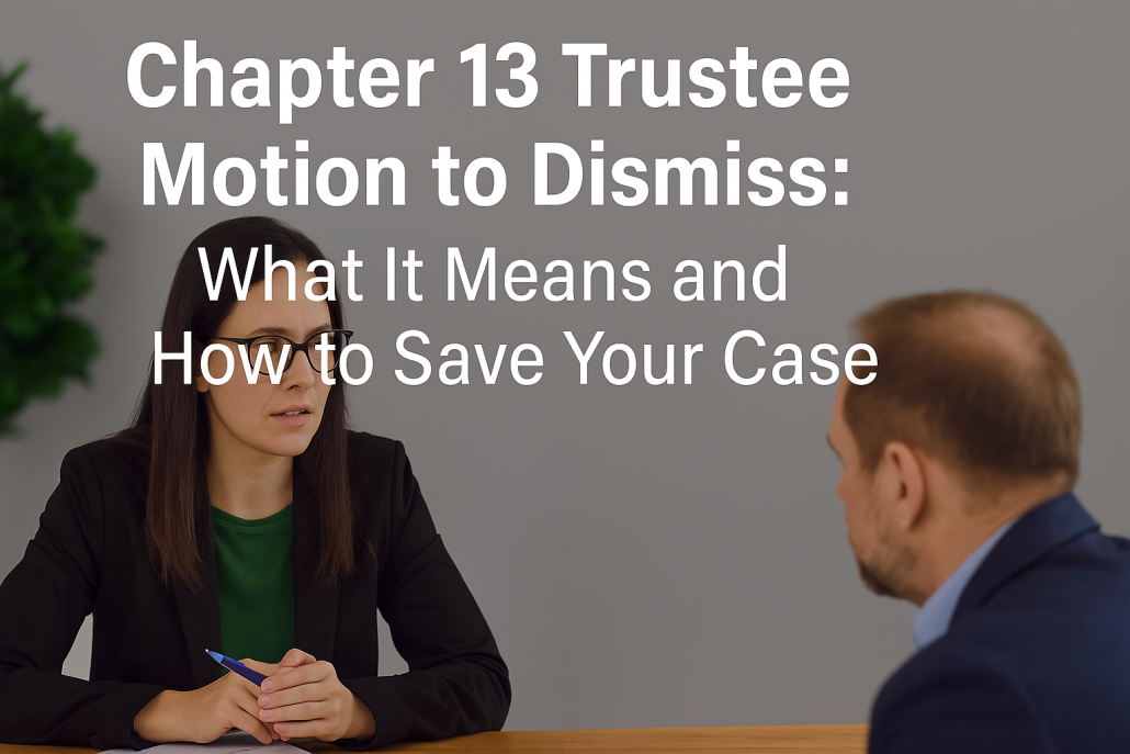 Professional woman in a blazer sits across from a concerned man, discussing how to save a Chapter 13 bankruptcy case after receiving a motion to dismiss.