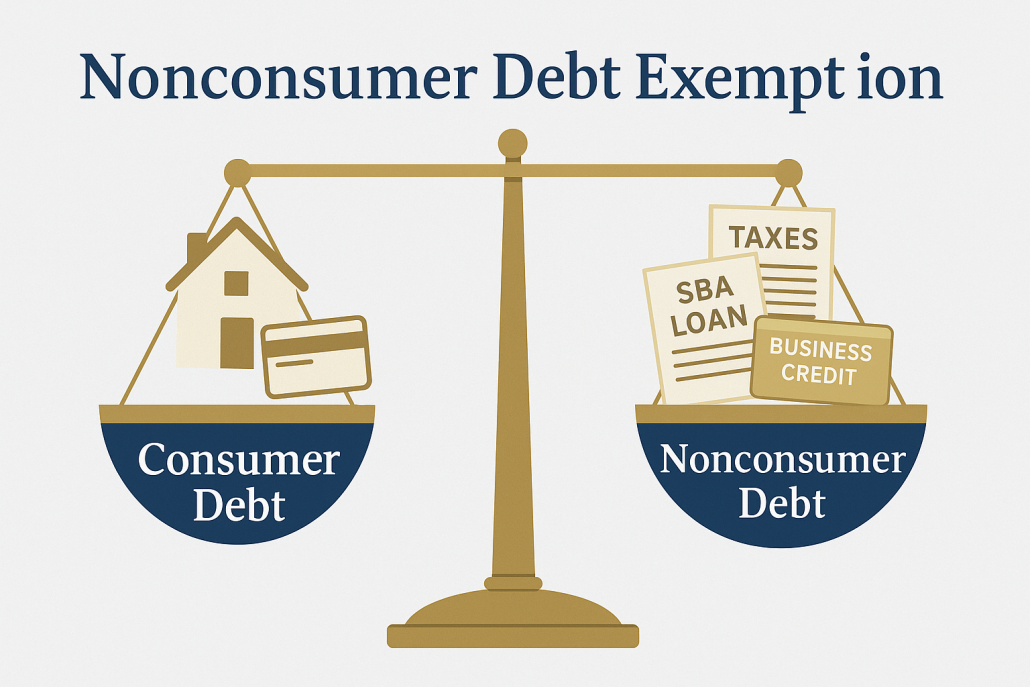 A balanced scale comparing consumer debt (house and credit card) and nonconsumer debt (SBA loan, tax forms, business credit).