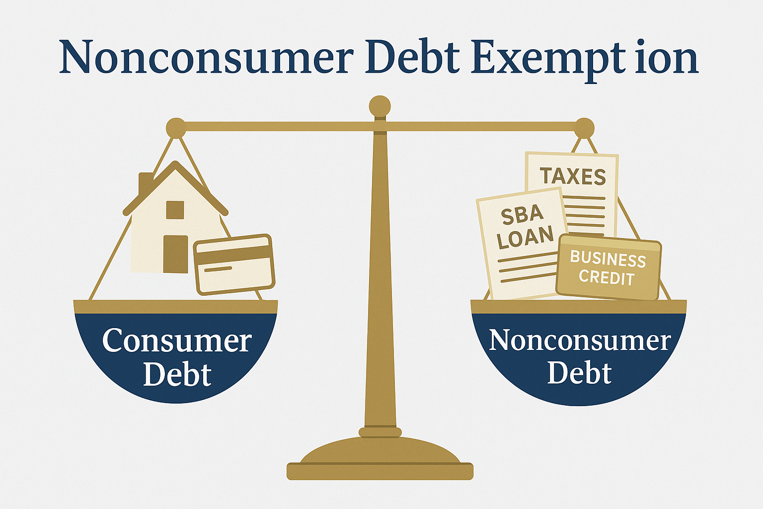 A balanced scale comparing consumer debt (house and credit card) and nonconsumer debt (SBA loan, tax forms, business credit).